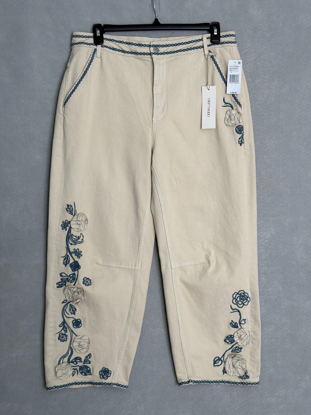 Driftwood Barbara Barrel Jean Cropped Embroidered Cream Women's Size 32 NEW